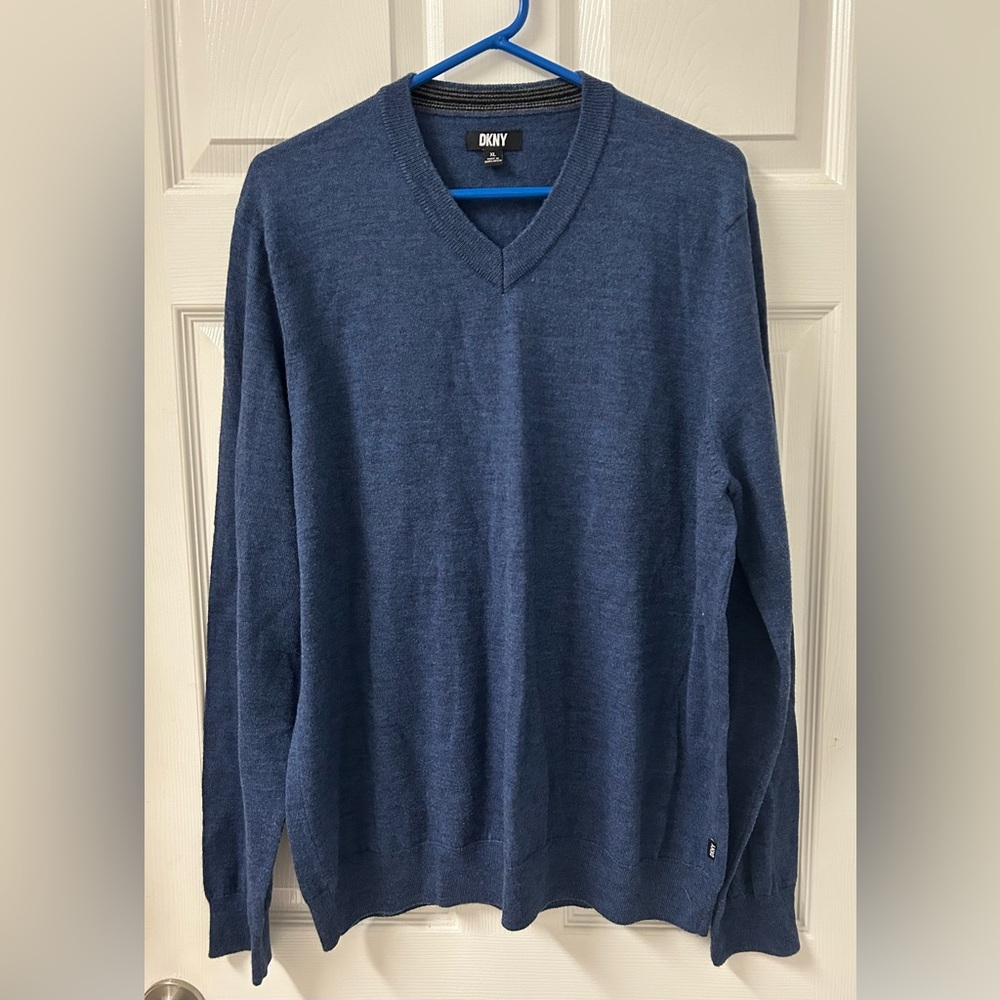 DKNY Men's Heathered Blue V-Neck Sweater Wool Blend SZ XL